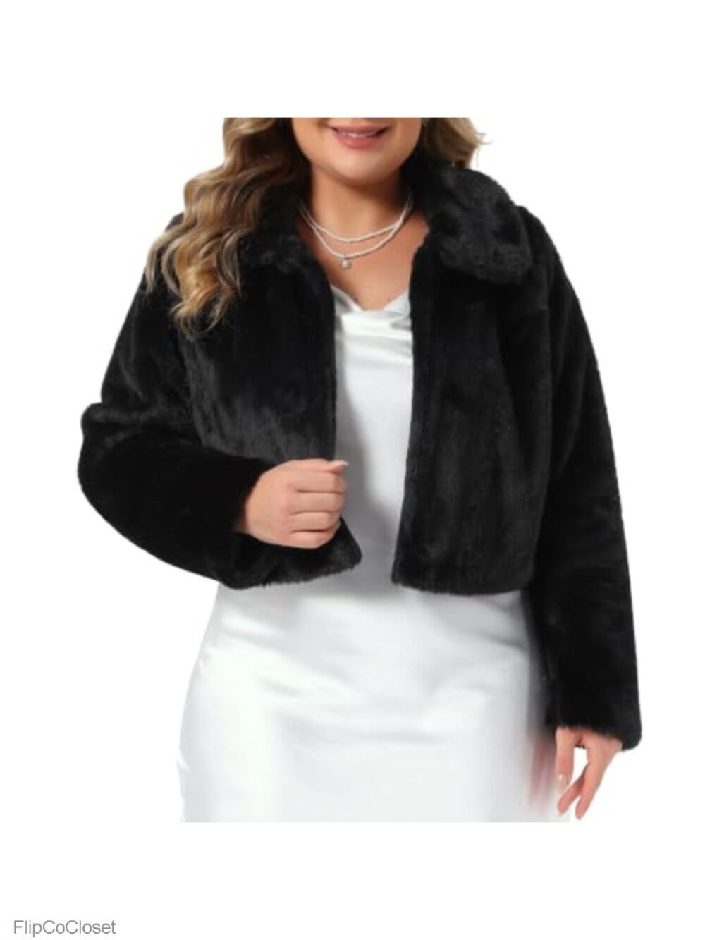 Plus Size Cropped Faux Fur Jacket Lapel Collar Winter Coat Warm